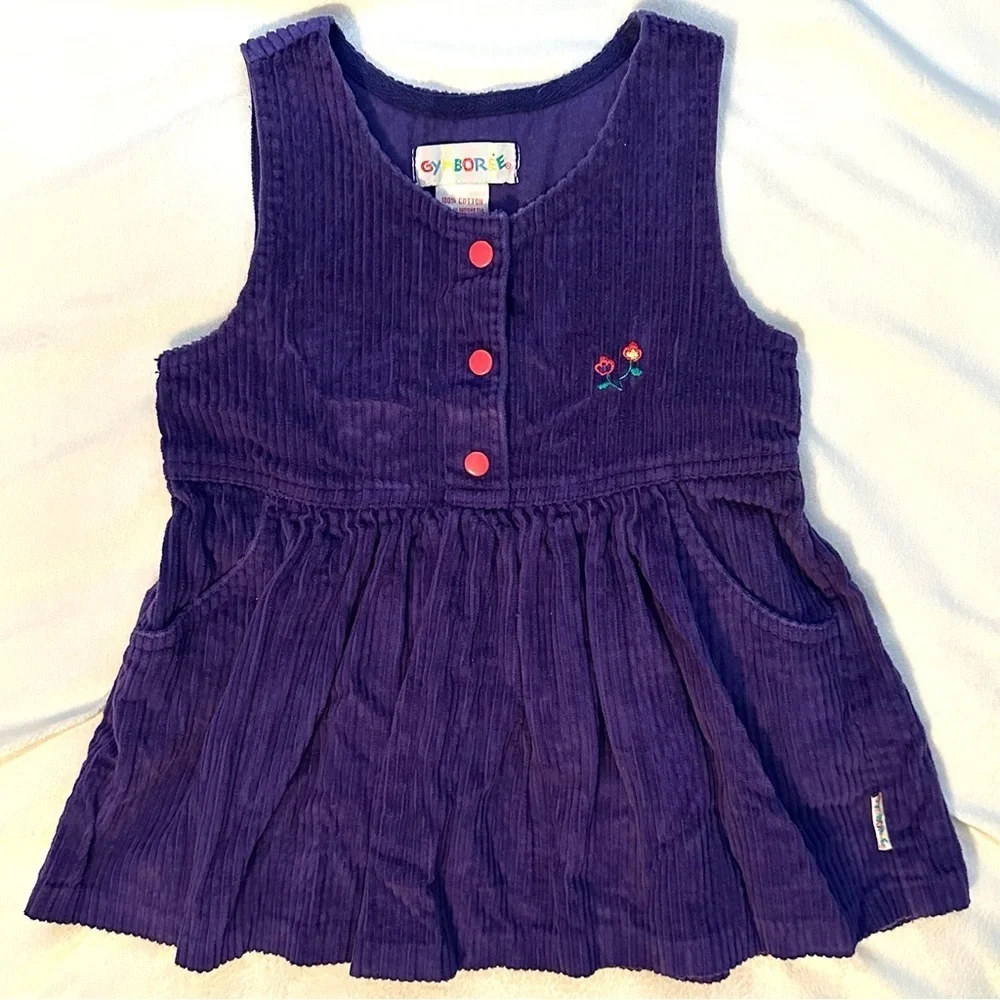 Vintage Gymboree Rainbow Tag Purple & Flower Corduroy Dress Jumper Baby 18-24M S